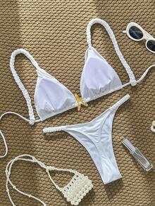 Swim Vcay Conjunto de bikini de baño sexy con decoración de estrella de mar de metal de unicolor para mujer - Blanco - Ver 8