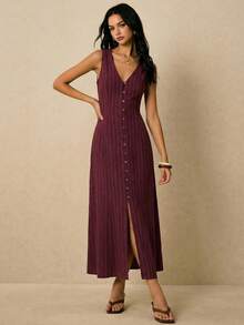 Poéselle Women's Striped Single-Breasted V-Neck Sleeveless Casual Dress - Burgundy - View 6