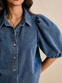 Poéselle Women's Short Puff Sleeve Single-Breasted Casual Denim Blouse - Medium Wash - View 3