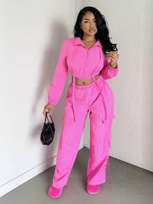 Alexandranx 2pcs Fashionable Sexy Bright Color Long Sleeve Crinkle Jumpsuit For Women Fall Cloth For Women - Pink - View 6