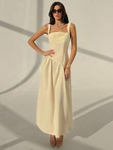 Aloruh 简约通勤棕色吊带褶皱拼接A字连衣裙（女款） - 深棕色 - 查看 8