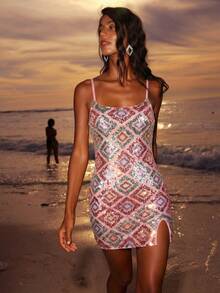 Nevyona Women's Plaid Sequin Holiday Sexy Streetwear Party Cocktail Dress Summer Sexy Dress Women Vacation Dress Bodycon Summer Dress Ibiza Dress - Multicolor - View 4