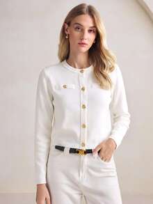 BizChic 春夏新款白色圆领前开襟长袖开衫，百搭易穿，适合复活节、圣帕特里克节、通勤、日常休闲、浪漫90年代复古风、派对、海滩、毕业典礼、度假、婚礼宾客、伴娘伴郎、正式场合等。 - 白色 - 查看 3