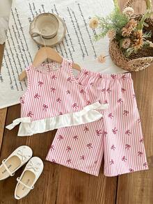 SHEIN 女婴可爱度假休闲条纹荷叶边吊带背心和松紧腰裤套装 - 彩色 - 查看 4