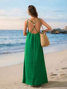 Sylviya 女士休闲露背长裙，适合度假 - 綠色 - 查看 6