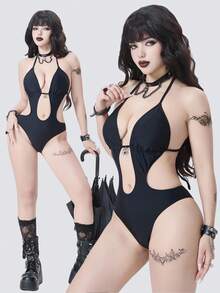 ROMWE Goth 2026春夏哥特吸血鬼角色扮演服装，女士连体泳衣，优雅浪漫神秘性感镂空设计，精致蜘蛛形金属装饰，蝴蝶结颈带，黑色，修身连体泳衣，2026春夏女装新款，适合新年、情人节、返校、旅行、海滩、下午茶、野餐、派对、日常穿着、休闲、户外活动等场合，时尚百搭 - 黑色 - 查看 12