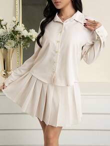 Modelyn Ensemble 2 pièces élégant pour femme, chemise à boutons rayée et jupe plissée pour le travail, automne - Nude - Voir 5