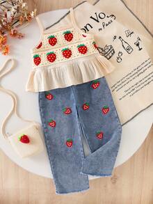 两件套女童草莓荷叶边吊带背心和草莓刺绣口袋牛仔裤套装，夏季度假装 - 杏色 - 查看 5