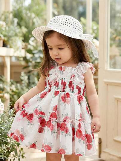 SHEIN 女婴碎花连衣裙+配套帽子，腰间系带蝴蝶结设计，甜美可爱，时尚百搭，适合日常外出，夏季穿着