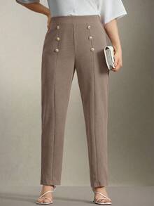 SHEIN Clasi Plus Size Double Metal Decor Button Straight Leg Pants, Elegant For Commuting And Outings - Rust Brown - View 1