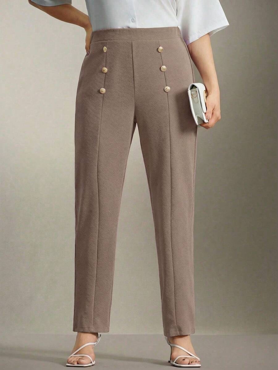 SHEIN Clasi Plus Size Double Metal Decor Button Straight Leg Pants, Elegant For Commuting And Outings - Rust Brown - View 1