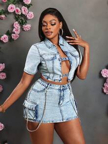 Slaydiva Plus Size Women's Short Sleeve Cutout Design Cropped Sexy Denim Jacket - Light Wash - View 5