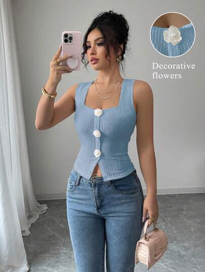 Elenzga 女士时尚法式3D立体花卉无袖露脐上衣，宽肩带方领修身短款吊带衫