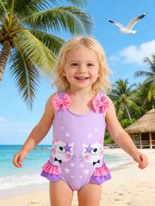 Infant/Toddler Girls' Cute Cat Print Pattern Pink & Purple 3D Bow Ruffle Trim Comfortable Stretch Active Swimsuit Toddler Girl Swimwear Purple Baby Girl One Piece Swimsuit Baby Girl Bathing Suit With Cat Print Baby Girl Swimsuit Purple