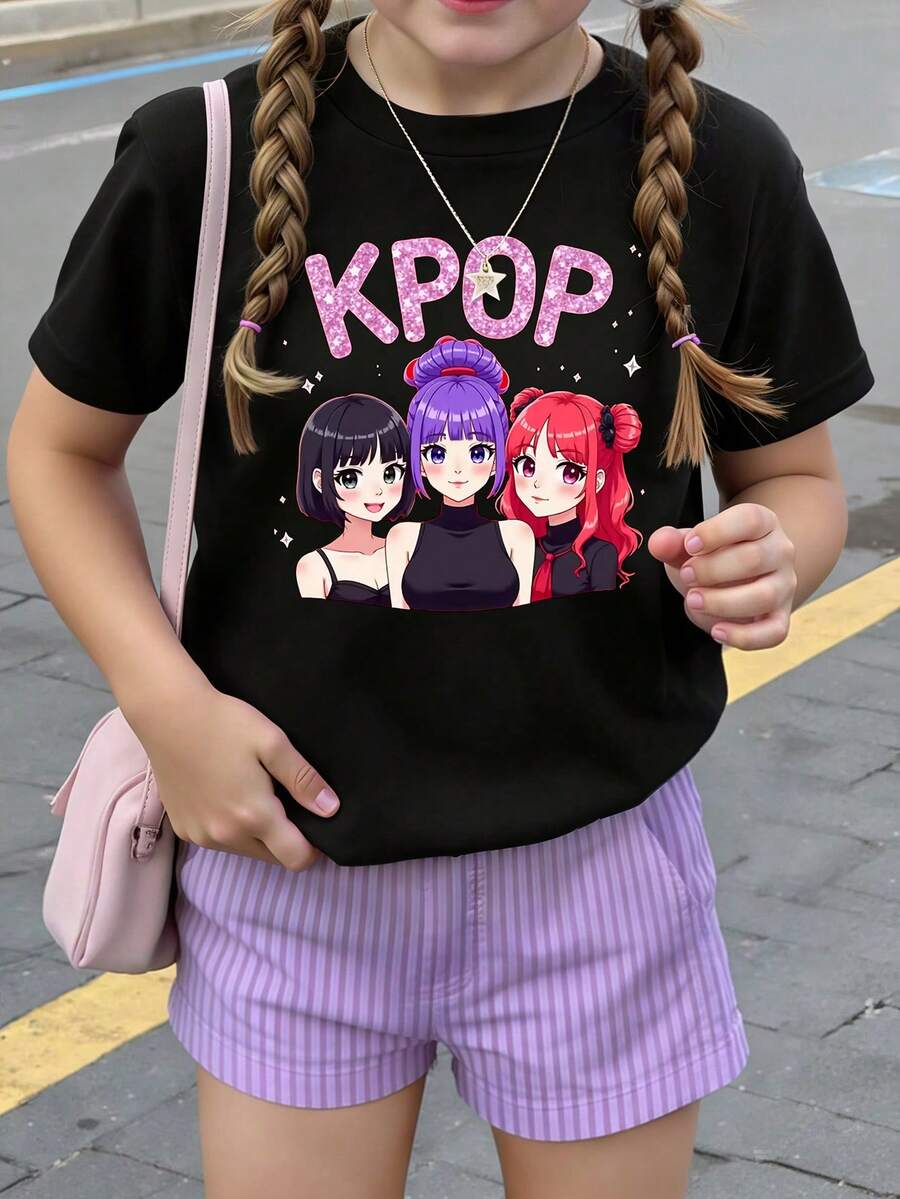 春夏秋季女童休闲时尚创意个性清爽简约酷炫虚拟女团明星图案字母标语印花宽松基础款短款T恤，舒适日常穿着，温暖的夏秋风格，适合春夏女童穿搭，上衣 - 黑色 - 查看 1