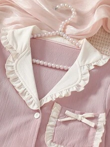 2pcs Tween Girls Elegant Ruffle Trim Floral Print Pants And Long Sleeve Top Pajama Set, Summer Two Piece Sleepwear Set Pajamas Set Two Piece Tween Girls Pink Woven Fabric Pajama Set With Ruffled Lapel Collar And Long Sleeves Cute Two Piece Sleepwear - Pink - View 5