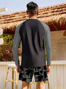 Manfinity Swimmode 男士休闲椰树印花撞色插肩袖上衣和泳裤两件套，秋季