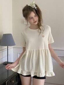 DAZY Teen Girls' Round Neck Short Sleeve Heart Pattern Pleated Casual Summer T-Shirt