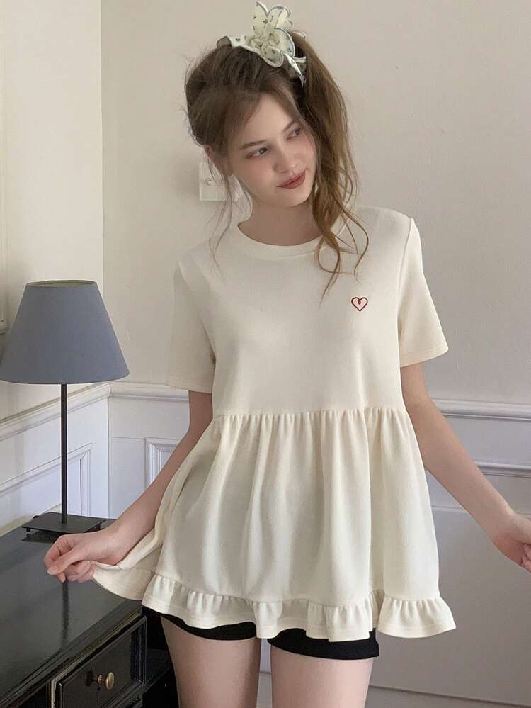 Teen Girls' Round Neck Short Sleeve Heart Pattern Pleated Casual Summer T-Shirt Spring