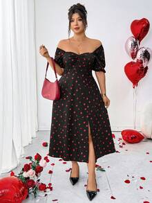 Elenzga Plus Size Sweetheart Neck Multicolor Strawberry Print Long A Line Dress Featuring Puff Short Sleeves And Flared Hem - Multicolor - View 7