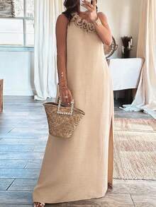 Weeklong Plus Size Women's Asymmetric Shoulder Floral Decor Slit Maxi Casual Vacation Dress, Spring/Summer - Khaki - View 4