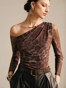 Arave 女士时尚豹纹网纱透视露肩长袖连体衣 - 棕色 - 查看 6