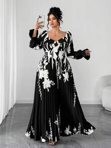 SHEIN Elenzya 大码女装时尚定位印花水钻领长袖连衣裙 - 黑色 - 查看 5