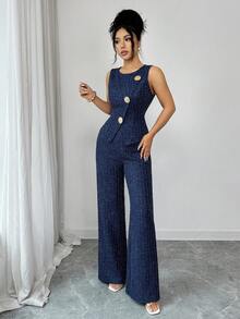Elenzga 2pcs/Set Crew Neck Metal Button Sleeveless Waist Cinched Asymmetric Hem Blouse Top & Straight Leg Jeans Texture Fabric Navy Blue Autumn Elegant Office - Blue - View 4