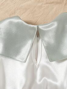 1pc Girls Green Satin Bow Tie Collar Open Back Ruffle Hem Mesh Butterfly Decor Dress, Fresh & Fashionable Casual/Vacation Princess Dress - Blue - View 5