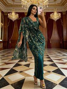 Rafferiza Women's Green Shimmering Gold Lace Shawl Dress, Waist-Revealing, Fitted, Halter-Neck, Faux Two-Piece Set, Suitable For Holiday Wear, Summer Dress, Women's Long Summer Dress, Casual Banquet Attire, Banquet Wear, Wedding Guest Dress, Everyday Commuting, Carnival Costume, Robe Dress, Shawl Women's Dress, St. Patrick's Carnival Costume, Luxury Wedding Evening Dress, Wedding Party Dress, Wedding And Event Dress, Modified Lace Women's Long Dress, Sparkly Dress, Glittery Dress.Graduation Season Attire, Fashionable Casual Commuter Wear, Business Office Wear, Versatile And Stylish Everyday Casual Wear, Urban Teacher's Professional Attire - Green - View 6