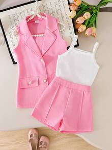 3件套女童（小号）粉色珍珠纽扣无袖针织开衫、吊带背心和短裤套装，儿童夏季时尚通勤优雅套装 - 粉色 - 查看 1