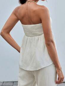 SHEIN EZwear 女士时尚纯色抹胸 A 字型衬衫，女士休闲荷叶边下摆，褶皱细肩带修身米色粘胶纯色女士上衣，春夏，派对/夜店服装