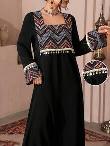 Al Najma Solid Color Patchwork Jacquard Fabric, Generous Collar Long Sleeve Loose Elegant Luxurious Dress, Decorated With Shell Tassel - Black - View 1