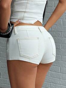 Jeanoix Quần short denim bó sát màu trơn phong cách Y2K mùa hè dành cho nữ. - trắng - Xem 2
