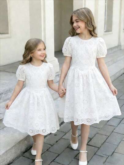 Elegant Red Puff Sleeve A-Line Dress For Older Kids, Spring/Summer, Embroidered Decor, Suitable For Family Gatherings, Celebrations And Everyday Wear White Tween Dress Girls Puffy Sleeve Dress