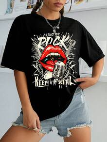 INAWLY Áo thun cổ tròn hở vai phong cách Rock cổ điển dành cho nữ, Lips & Microphone, dành cho lễ hội âm nhạc, mùa xuân/hè - màu đen - Xem 5