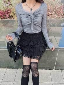 FRIFUL 女士休闲波点印花系带T恤，春秋季 - 灰色 - 查看 6