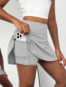 SHEIN Váy ngắn thể thao dệt kim nhiều màu sắc có túi dành cho bé gái tuổi teen, thích hợp mặc mùa hè. - Màu Xám nhạt - Xem 3