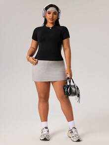 Rhythm Era Kaos Olahraga Lengan Pendek Pas Badan Wanita Ukuran Plus Warna Hitam Tanpa Jahitan - Hitam - View 6