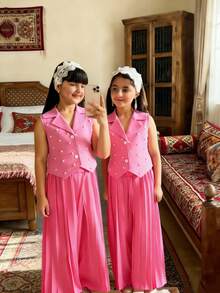 Conjunto de sudadera con capucha y sudadera para niñas jóvenes - Rosa Fucsia - Ver 3