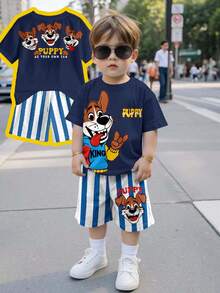 2pcs/Set Young Boy Casual Cute Cartoon Puppy Print Round Neck Short Sleeve T-Shirt And Striped Puppy Print Shorts, Suitable For Summer - Multicolor - View 1