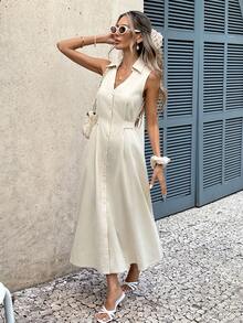 SHEIN Frenchy Vestido midi sin mangas de unicolor con nudo delantero, adecuado para vacaciones de verano - Albaricoque - Ver 6