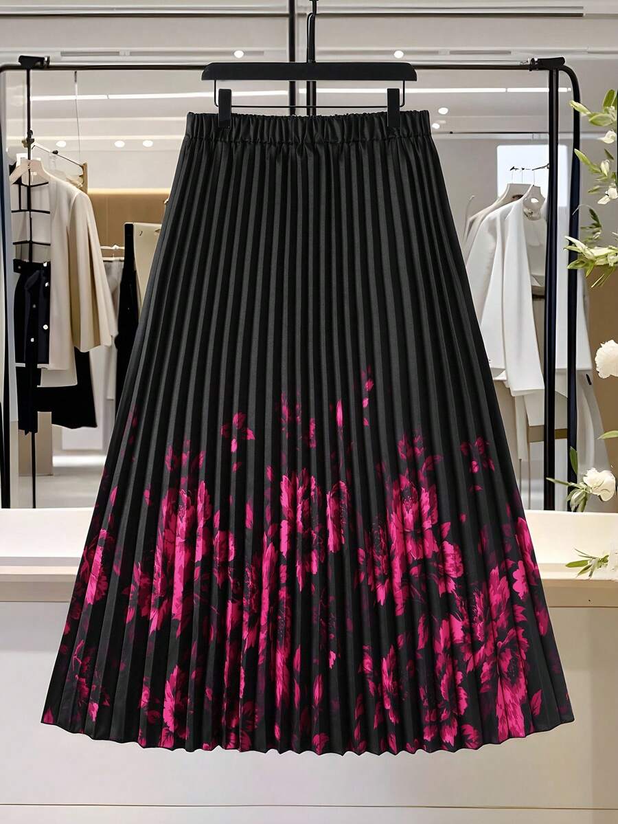 Modelyn 优雅印花弹力腰褶裥A字大码半身裙，春秋季 - 彩色 - 查看 1