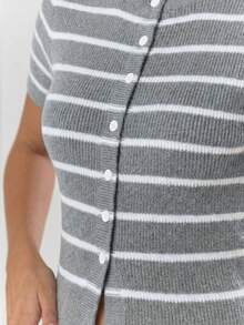 MUSERA Striped Rib Knit Button Through Fitted Short Sleeve Top Cosy Cute Casual Coffee Club Winter Elegant Evening Party - Grey - View 6