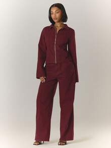 MUSERA Zip Through Long Sleeve Burgundy Top Cute Spring Summer Everyday Spring - Burgundy - View 5