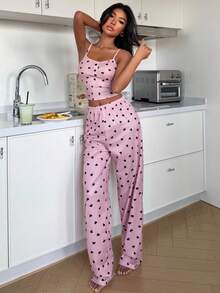 SHEIN Conjunto de pijama de camiseta y pantalones con estampado de corazón y botones falsos para mujer - Rosa vieja - Ver 2