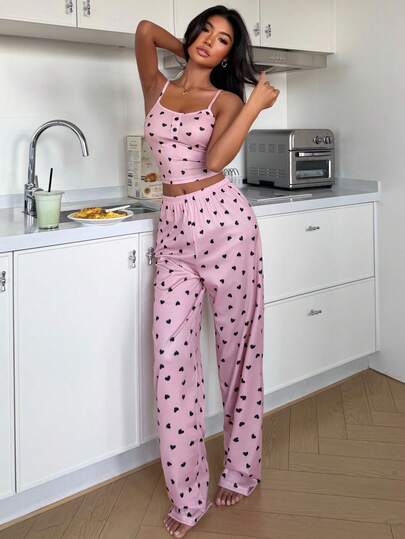 SHEIN Heart Print Faux Button Women Camisole & Pants Pajama Set Casual Two Piece Set 2 Piece Set Summer 2 Piece Set Woman 2 Piece Sets Woman