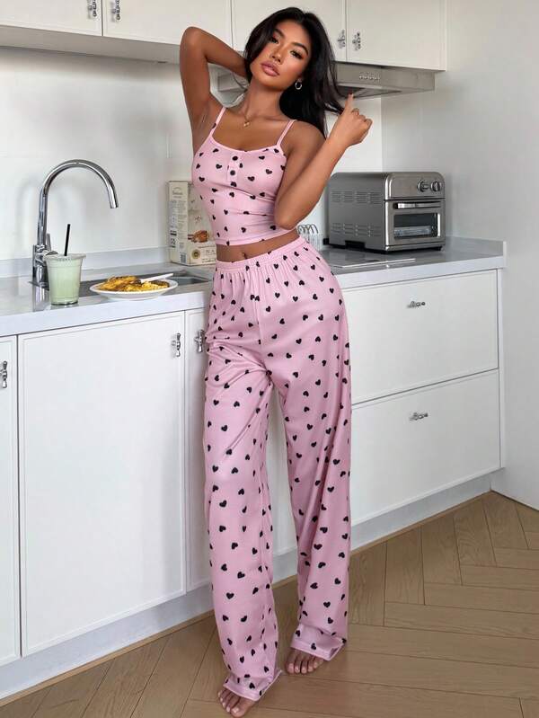 SHEIN Heart Print Faux Button Women Camisole & Pants Pajama Set Casual Two Piece Set 2 Piece Set Summer 2 Piece Set Woman 2 Piece Sets Woman