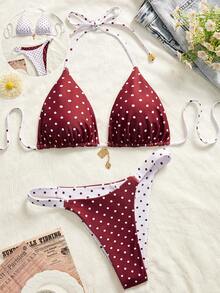 Swim Mod Bộ bikini nữ mùa hè mới, thời trang đi nghỉ mát bên bờ biển, ngọt ngào, dễ thương, họa tiết chấm bi tương phản, hai mặt, kiểu buộc dây cổ sau lưng, gợi cảm. - Đỏ và trắng - Xem 6