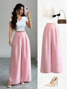 Elenzga 新款女士高腰编织纹理优雅A字阔腿裤，百搭年轻女士长裤 - 粉色 - 查看 3